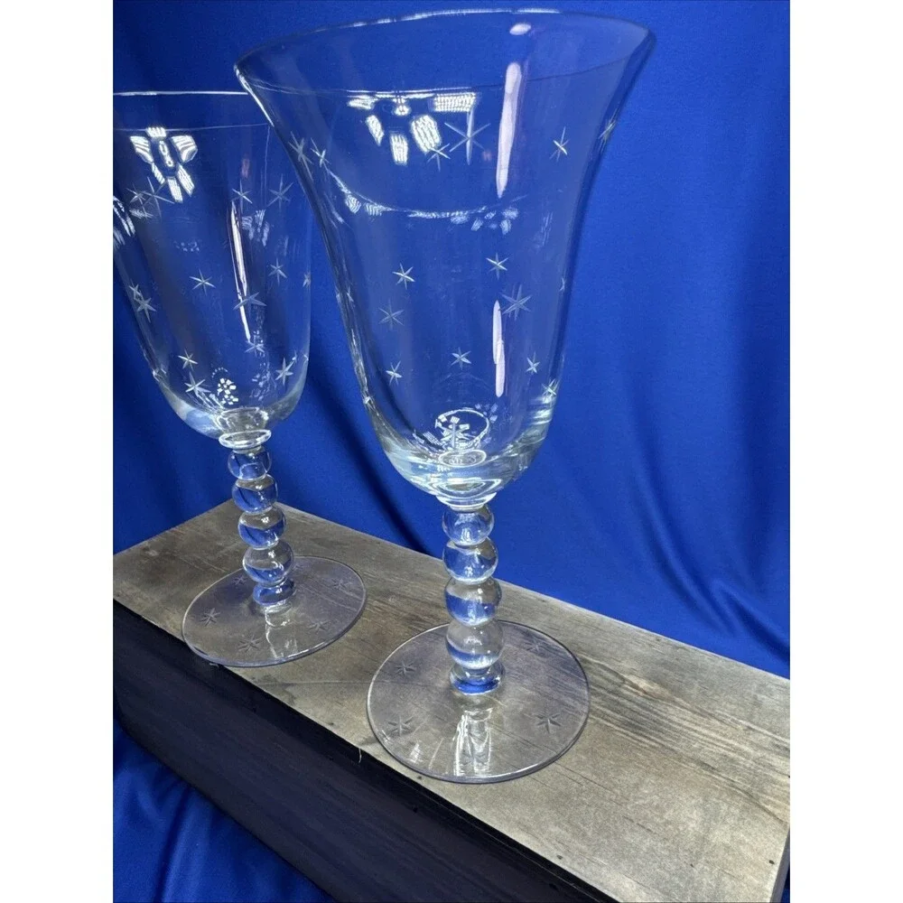Vintage Candlewick 6 Point Star Cut 9  oz.  4 Ball Stem Water Goblets Set of 2